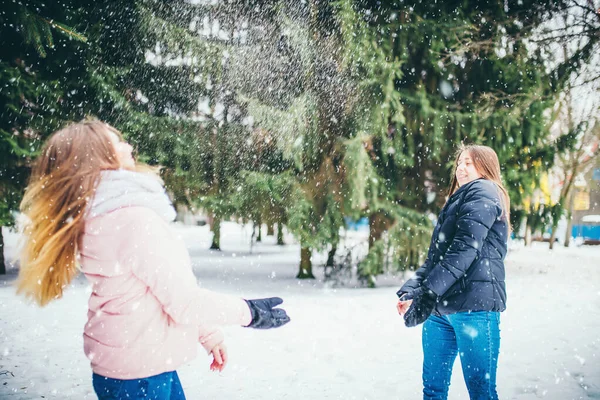 Farewell Childhood Two Young Girlfriends Throw Snowballs Winter Forest — Stock Photo, Image