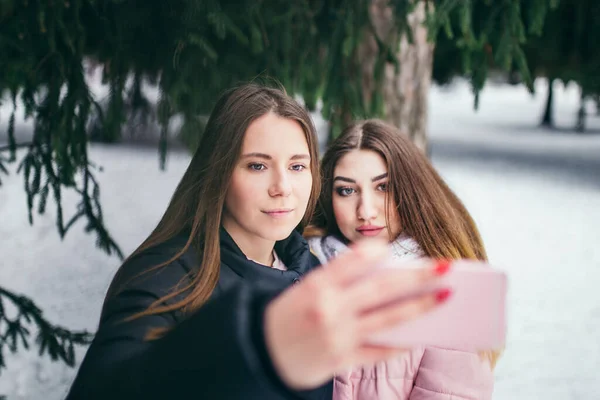 Двоє Молодих Друзів Фотографуються Тлі Зимового Лісу — стокове фото