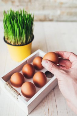Yakın plan - bir kız portakallı çiğ tavuk yumurtasını beyaz ahşap bir kutudan alır - yumurta evi