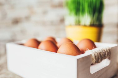 Paskalya 'dan önce beyaz tahta bir kutuda tavuk yumurtası - Hıristiyan gelenekleri