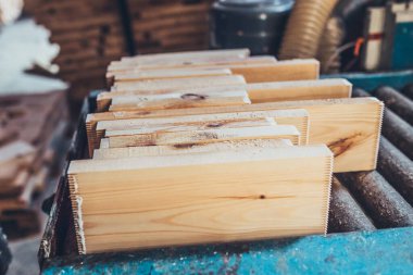 Bir kereste atölyesine yapıştırmadan önce bir çubuktaki çivileri budamak ve kesmek için kullanılan makine - kereste fabrikası - yapıştırılmış kereste üretimi