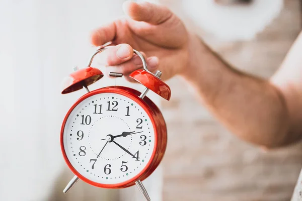 Man Holding Alarm Clock Hands Cause Time Rest Time — Stock Photo, Image