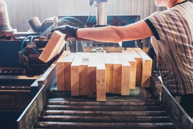Bir kereste atölyesine yapıştırmadan önce bir çubuktaki çivileri budamak ve kesmek için kullanılan makine - kereste fabrikası - yapıştırılmış kereste üretimi