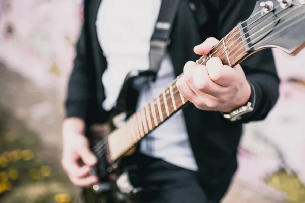 Közelkép Fekete Elektromos Gitárról Rock Roll — Stock Fotó