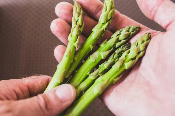 Bunch Fresh Asparagus Farmer Rough Hands Ripe Juicy Products Cooking — Stock Photo, Image