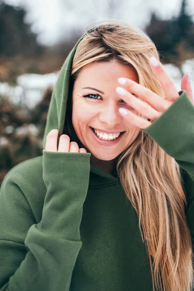 Cheerful Attractive Woman Blonde Scandinavian Appearance Portrait Finnish Girl Winter — Stock Photo, Image