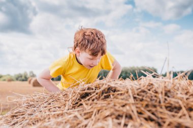 İngiliz kızıl saçlı çocuk köyde yaz tatilinde eğleniyor.
