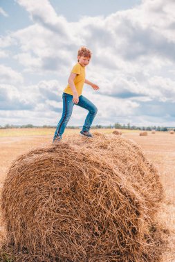 Kızıl saçlı beyaz çocuk samanlıkların arasında bir tarlada yürüyor. Geniş açı ve açık açıklık.