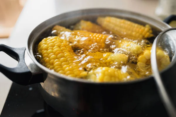 Close Corn Boiling Water Background Kitchen Window — Stock Photo, Image