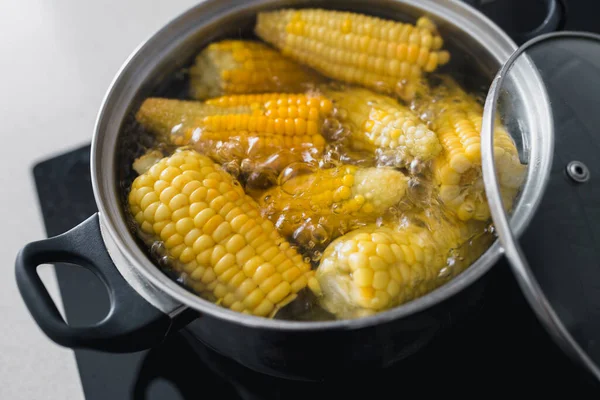 Cooking Traditional Rustic Dish Boiling Sweet Corn — Stock Photo, Image