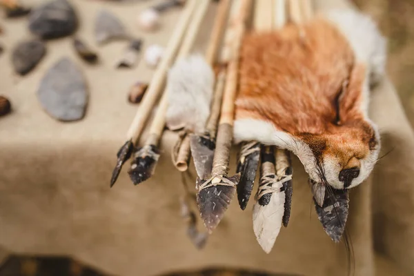 Taş gibi keskin uçlu ve kuş tüylü kadim teknolojiyle yapılmış yay için oklar.