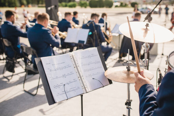 Minsk, Belarus - September 15, 2019: Music stand with notes for orchestra musician 