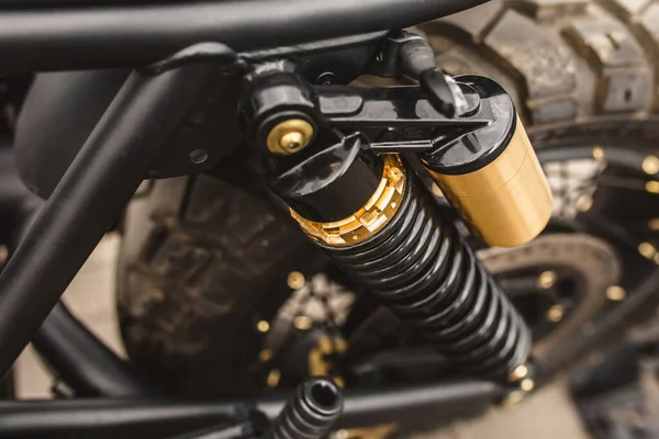 Vista Superior Suspensão Motocicleta Molas Brilhantes Amortecedores Uma Bicicleta — Fotografia de Stock