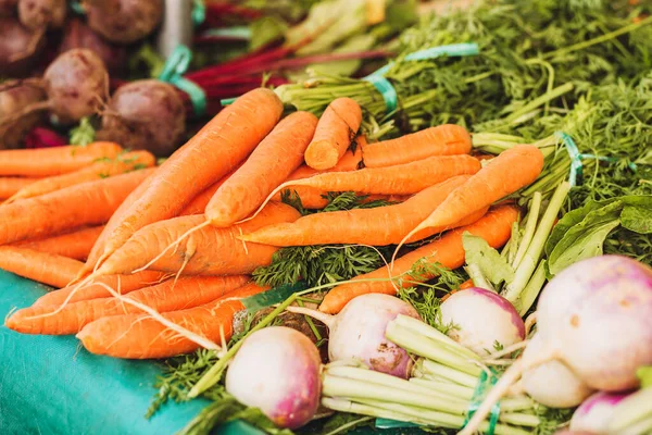 Sluitingsoogst Van Verse Wortelen Rapen Bieten Markt Voor Fruit Het — Stockfoto