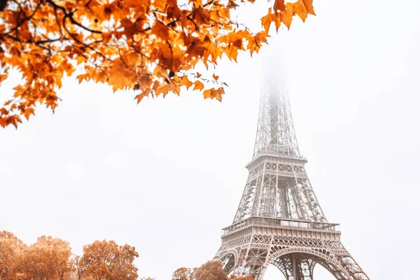 Cartão Postal Com Vista Para Torre Eiffel Nevoeiro Folhas Outono — Fotografia de Stock