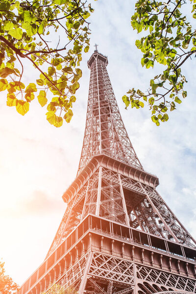 Bright sunny day in Paris - Eiffel Tower in the sun - tourist season - bottom view