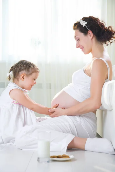 Kleines Mädchen mit ihrer schwangeren Mutter — Stockfoto