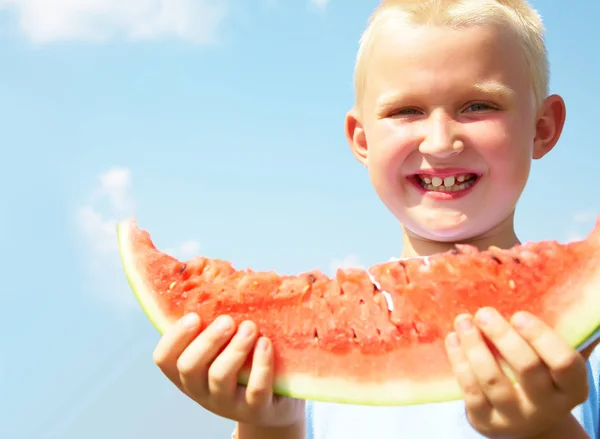LittleBoy eating watermelon — Stock Photo, Image