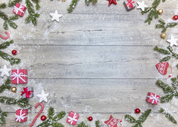 Hermosa Foto Navidad Con Ramas Árbol Navidad Regalos Adornos Año —  Fotos de Stock