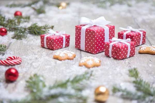 Bella Immagine Natale Con Rami Albero Natale Regali Ornamenti Anno — Foto Stock