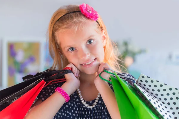 Portrait Little Cute Girl Fashionista Shopping — Stock Photo, Image