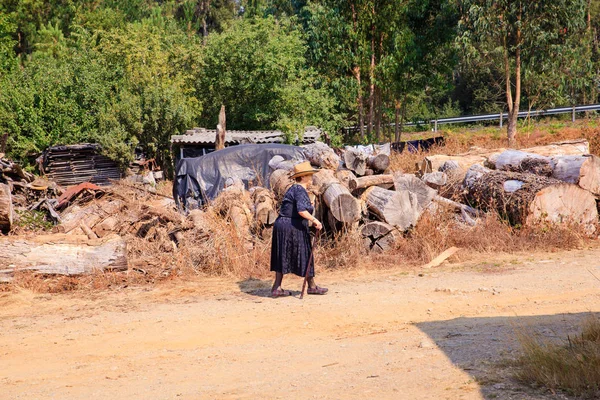 Yaşlı kadın kir yolda yürürken — Stok fotoğraf