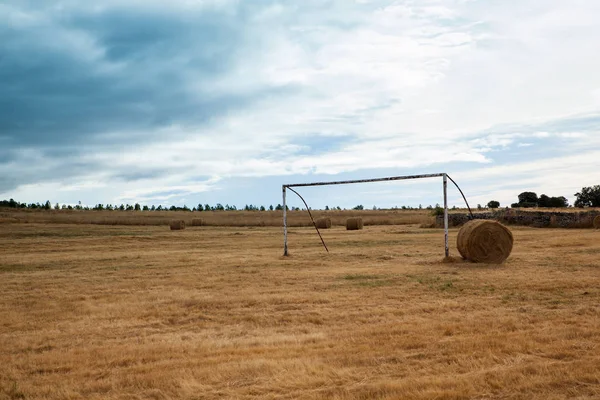 Vista da porta de futebol no campo de colheita — Fotografia de Stock