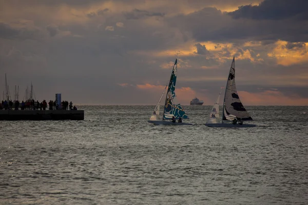 Sailboats at sunset during the 49 Barcolana, Trieste — Stock Photo, Image