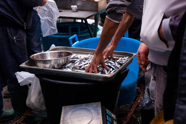 Verkoper plaatst de sardines in de viskraam op straat fi — Stockfoto