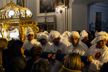 LEONFORTE, SICILY - APRIL, 19: Christian brethren during the traditional Good Friday procession on April 19, 2019