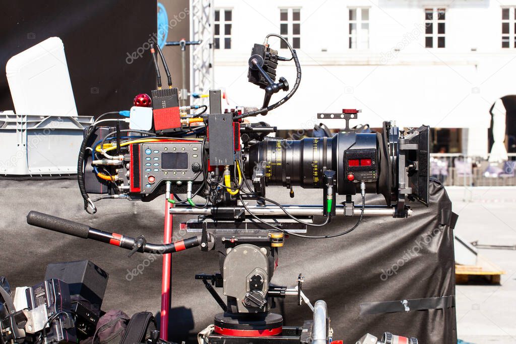 Professional digital camera setup on outdoor movie set