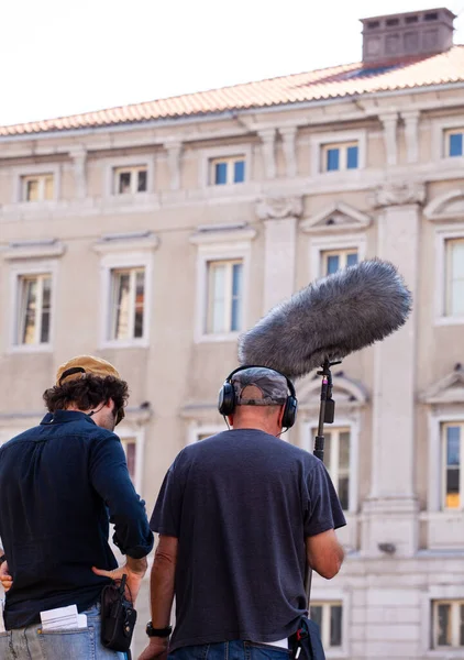 Achter Schermen Geluidsrecorder Met Microfoon Microfoon Koptelefoon Filmscène Locatie — Stockfoto