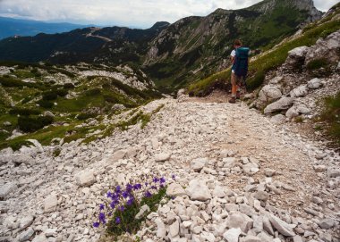 Sırt çantalı genç kadın güney Julian Alpleri 'nin Vogel Dağı manzaralı bölümünde yürüyüş yapıyor ve Slovenya' nın Triglav Ulusal Parkı mirası