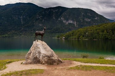 Slovenya 'daki Bohinj Gölü' ndeki altın boynuzlu bronz heykele bak 