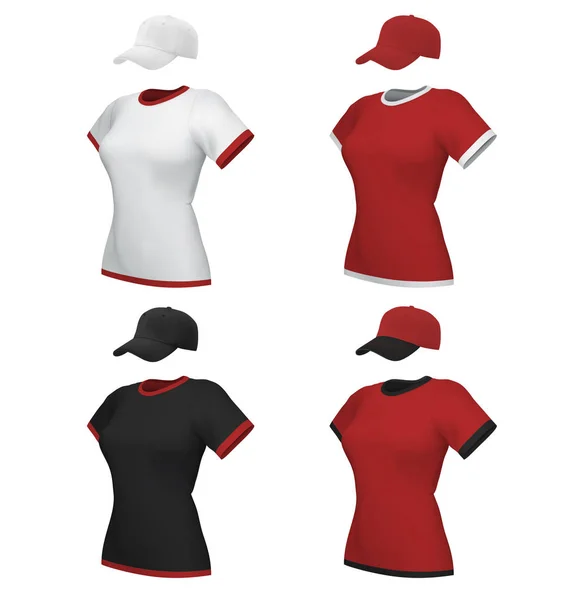 Femmina polo uniforme vuota e baseball modello di cappello impostato isolato su bianco — Vettoriale Stock