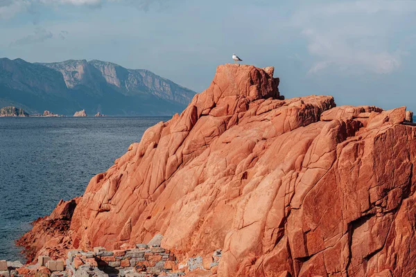 ARBATAX, ITÁLIA / OUTUBRO 2019: A pitoresca praia de rochas vermelhas em Sar — Fotografia de Stock