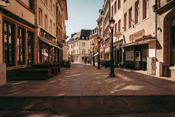 LUXEMBOURG CITY / APRIL 2020: Empty city center in times of Coronavirus global emergency