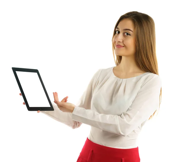 Studente ragazza mostrando schermo tablet pc — Foto Stock