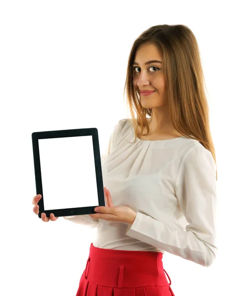 Estudante menina mostrando tela tablet pc — Fotografia de Stock