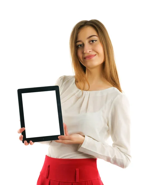 Uczeń dziewczyna pokazuje ekran komputera typu tablet — Zdjęcie stockowe
