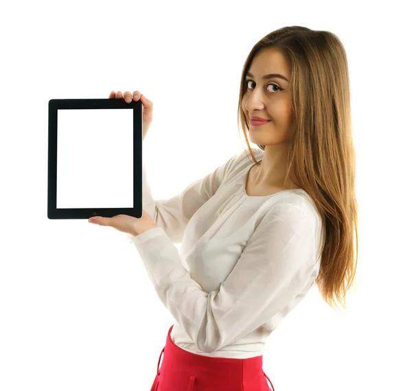 Estudiante chica mostrando pantalla tableta pc — Foto de Stock