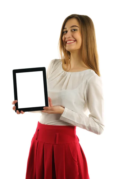 Estudante menina mostrando tela tablet pc — Fotografia de Stock