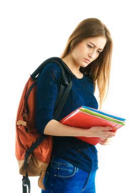 bir sırt çantası ve renk klasörler kızla