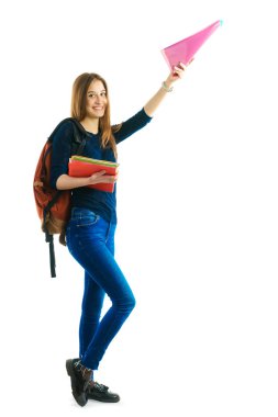 bir sırt çantası ve renk klasörler kızla