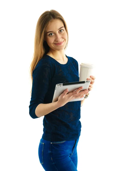 Joven estudiante con almohadilla y café — Foto de Stock