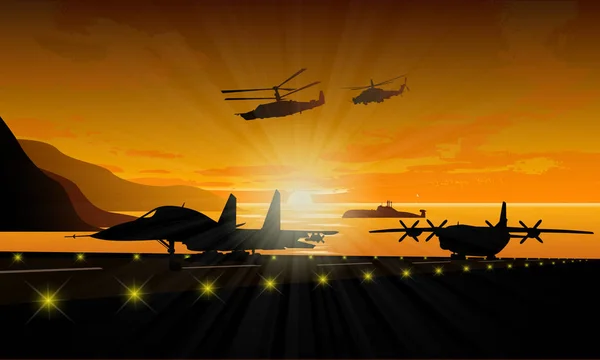 Katonai Felszerelések Tenger Sunset Háttérképet Sziluettek — Stock Vector