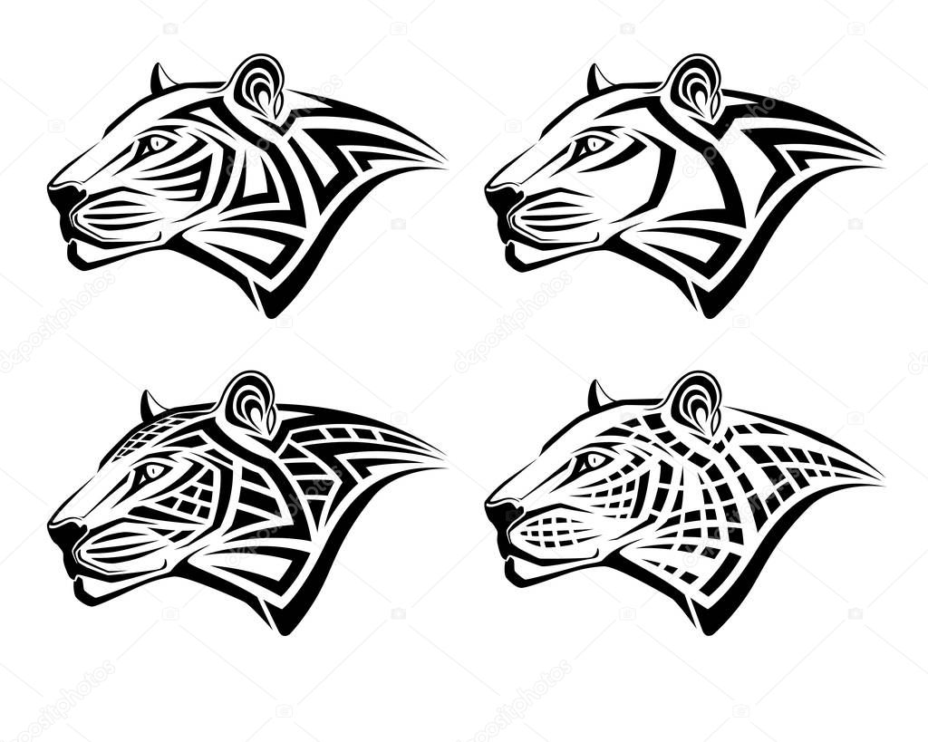 Set of different leopards in the form of tribal tattoos