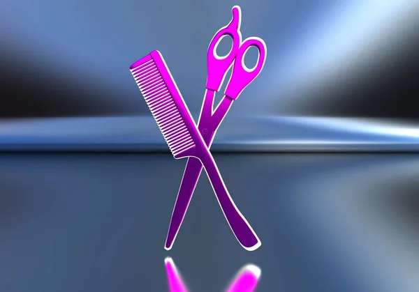 Pink scissors and comb. The subject of hairdressers.