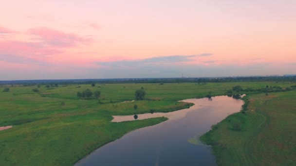 Vlucht over de rivier en de groene vallei — Stockvideo