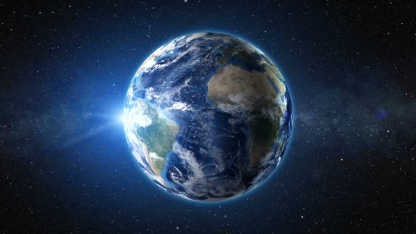 Sonnenaufgang Blick aus dem All auf den Planeten Erde. 3D-Darstellung — Stockvideo